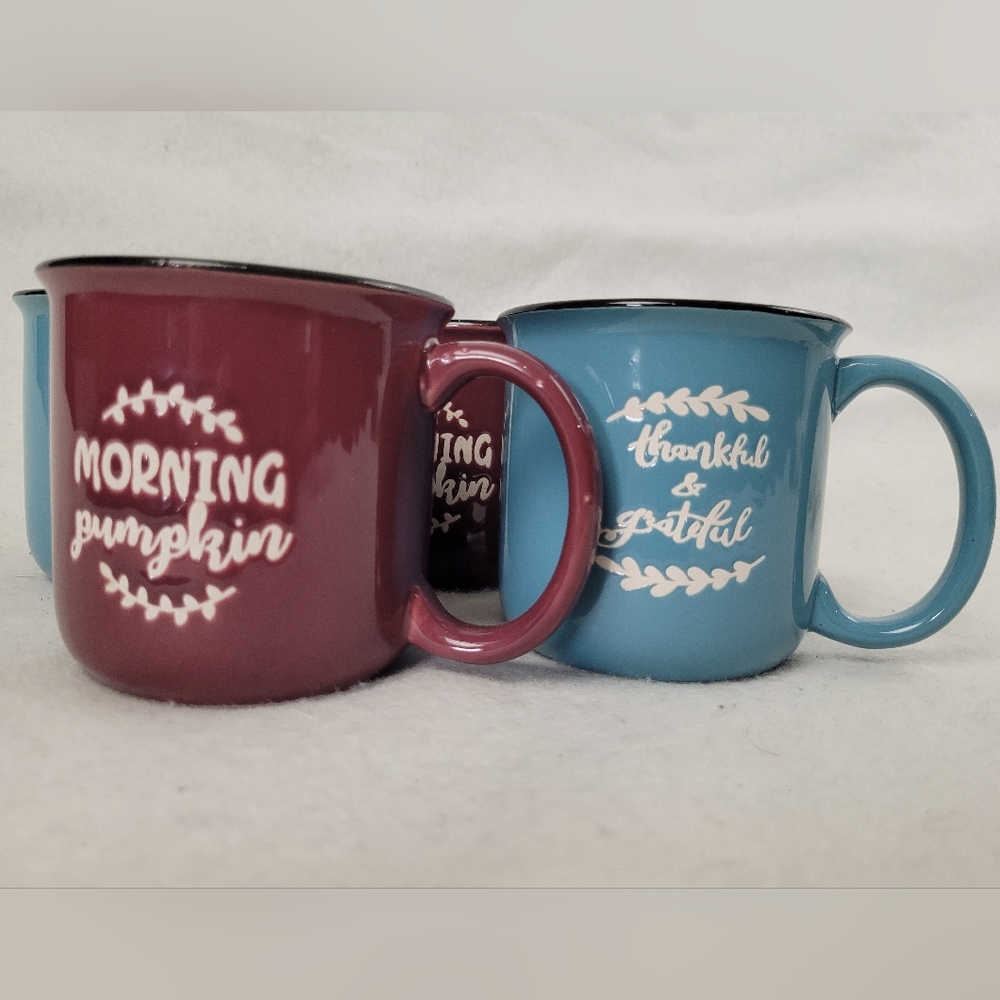 Momentum Brands Fall Mugs. Maroon morning pumpkin x2 & blue thankful&grateful x2